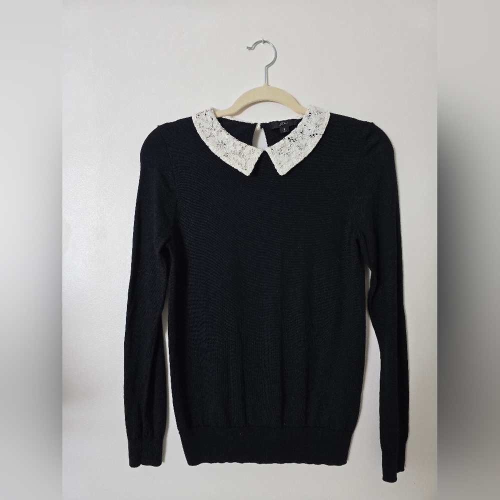 J. Crew Size Small Black Knit Merino Wool Thin Sweater White Lace Collar